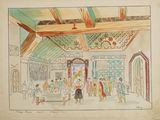 a drawing of a dining room with people sitting at tables