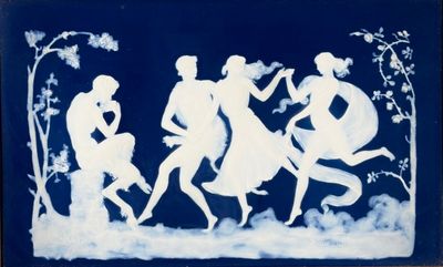 blue and white painting of a group of people on a blue background