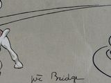 cartoon drawing of a dog chasing a ball with a tennis racket