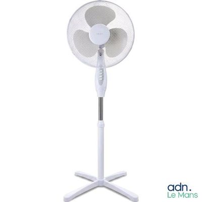 a white pedestal fan on a stand with a white base