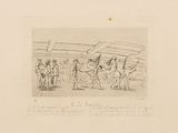 an old drawing of a group of people standing on a boat