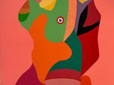 an image of a painting of a colorful elephant on a pink background