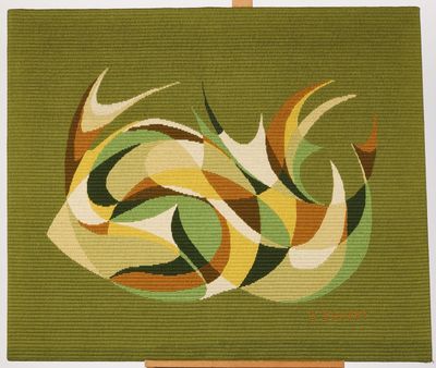 a painting on a easel with a green background and a painting of a bird
