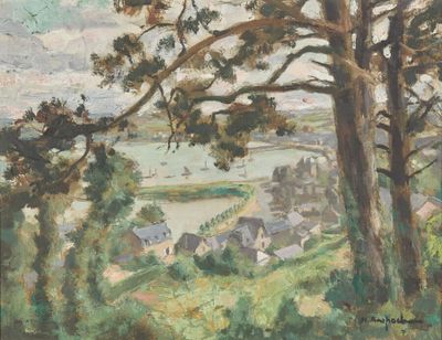 an image of a painting of a landscape with trees and houses