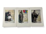 three paintings of a man with balloons and a woman with a child