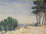 a painting of a beach scene with trees and a body of water in the background