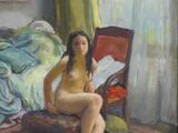 a painting of a nude woman sitting on a bed