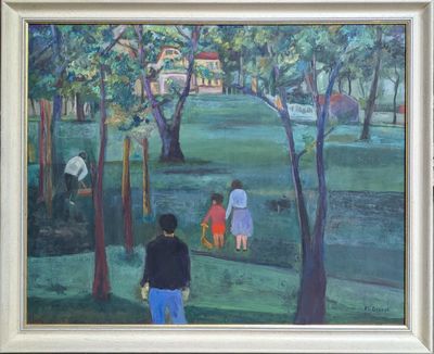 an oil painting of a man and a woman walking in a park