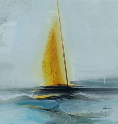 une peinture représentant un voilier naviguant sur l'eau