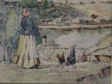 un tableau représentant un homme et une femme marchant au bord d'une rivière