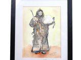 painting of a man in a costume holding a sword and a ball