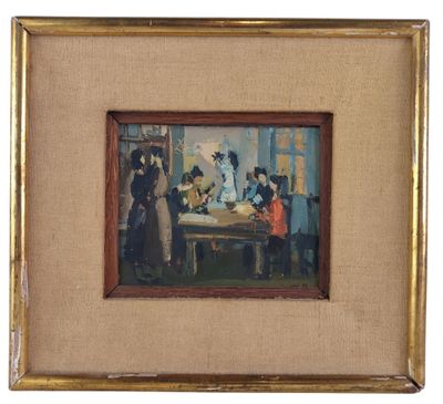 peinture d'un groupe de personnes assises autour d'une table dans une pièce