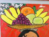a painting of a woman carrying a basket of fruit on her head