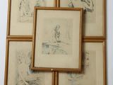 four framed drawings of a woman and a man sitting on a bench