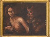 tableau représentant une femme tenant un bébé dans ses bras et un homme tenant un chien