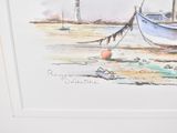 a picture of a painting of a boat on the beach