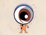 cellule d'animation représentant un homme tenant un gros globe oculaire devant sa tête