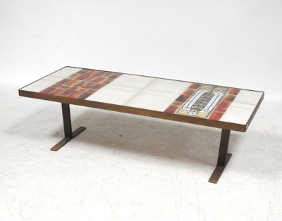 an image of a coffee table with a tile top and metal legs
