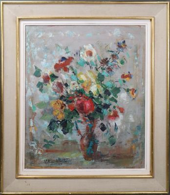 an oil painting of a vase of flowers on a table