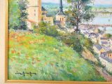 a painting of a view of a town from a hill