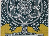 a black and yellow poster with a flower on it