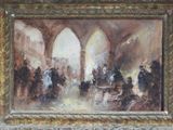 an oil painting of a group of people in a building