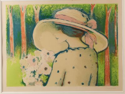 un tableau représentant une femme coiffée d'un chapeau et tenant un bouquet
