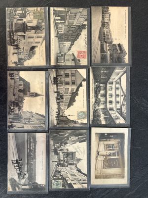 several black and white photographs of a train on a train track