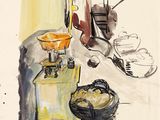drawing of a table with a bowl of food on it and a plate of food on the table