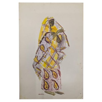 tableau représentant une femme vêtue d'une robe jaune et blanche, tenant un parapluie jaune