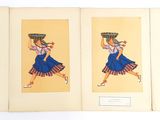 three paintings of a woman carrying a basket on her head