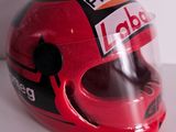 a helmet with a label on it sitting on a table