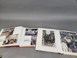 three open books on a table with pictures of people on them
