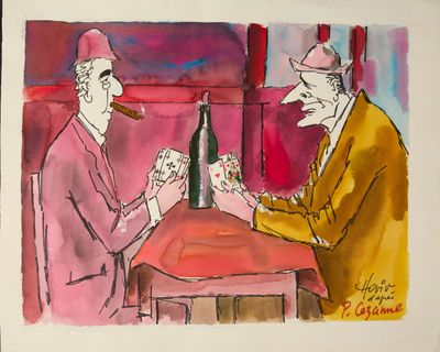 tableau représentant deux hommes assis à une table avec une bouteille de vin