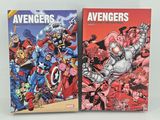 two books of avengers comics on a white surface