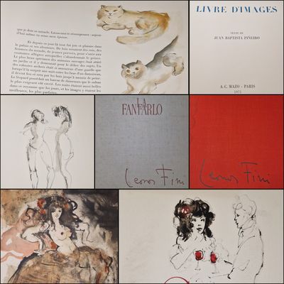 a collage of drawings of people and animals on display