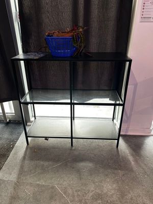 une étagère en verre sur laquelle est posée une plante