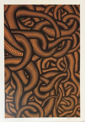an image of a painting of snakes on a brown background