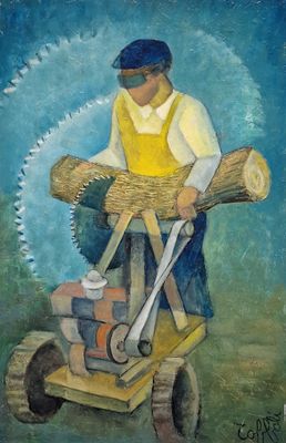 an oil painting of a man with a saw and tools on a cart