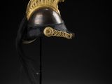 a gold helmet with a red feather on top of it