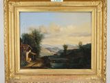 a painting of a landscape with a river and a house in the foreground