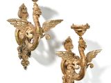 pair of antique brass wall sconces with angels and cherensils