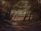 an image of a painting of a landscape with trees and a river