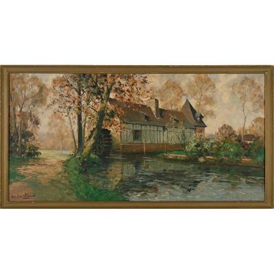 un tableau représentant une maison au bord d'une rivière, avec un bateau dans l'eau