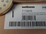a picture of a gold shower head with a barcode on it