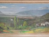 peinture d'une vue d'une vallée avec des montagnes en arrière-plan