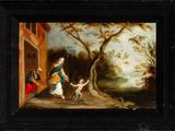 an old painting of a woman holding a child and a man holding a dog