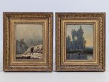 paire de peintures à l'huile du XIXe siècle représentant une scène fluviale