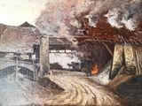 une peinture représentant une peinture d'un train traversant un tunnel