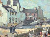 a painting of a couple of people walking on a dock